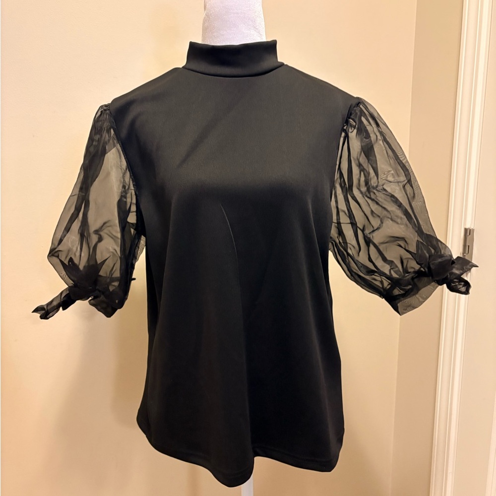 Kaktus Black (stretchy) Top with Sheer Puff Sleeves -XL